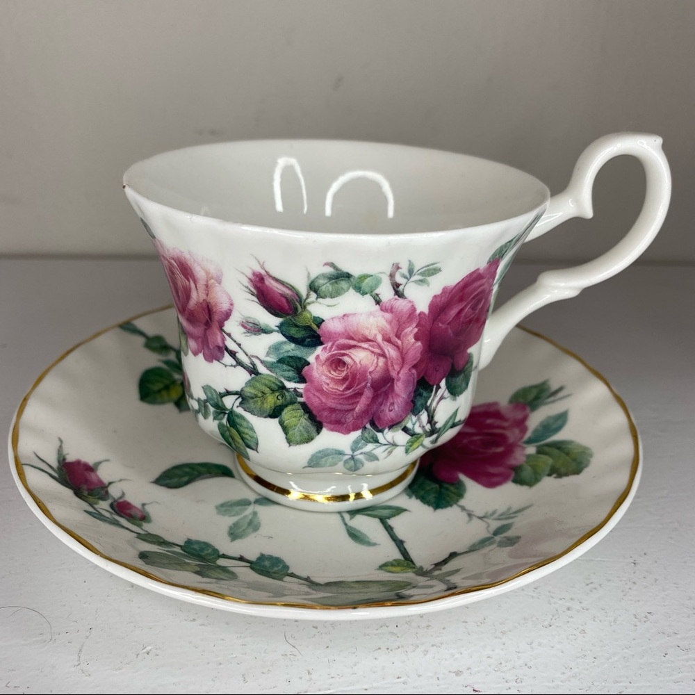 Roy Kirkman English Rose Footed Cup & Saucer Set Fine Bone China Made In England